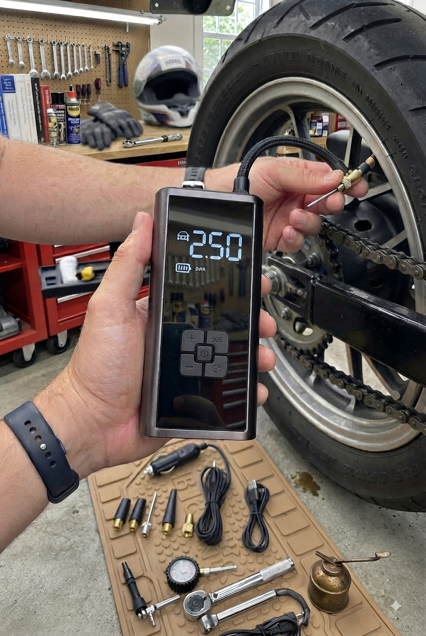 Compact portable tire inflator with carrying case